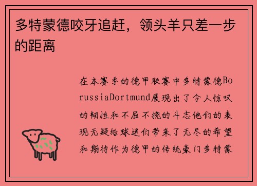 多特蒙德咬牙追赶，领头羊只差一步的距离