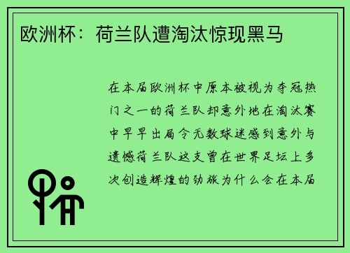 欧洲杯：荷兰队遭淘汰惊现黑马